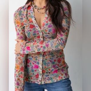 Natural Life Boho Mesh Floral Blouse | Carina Long Sleeve Ruched Top
